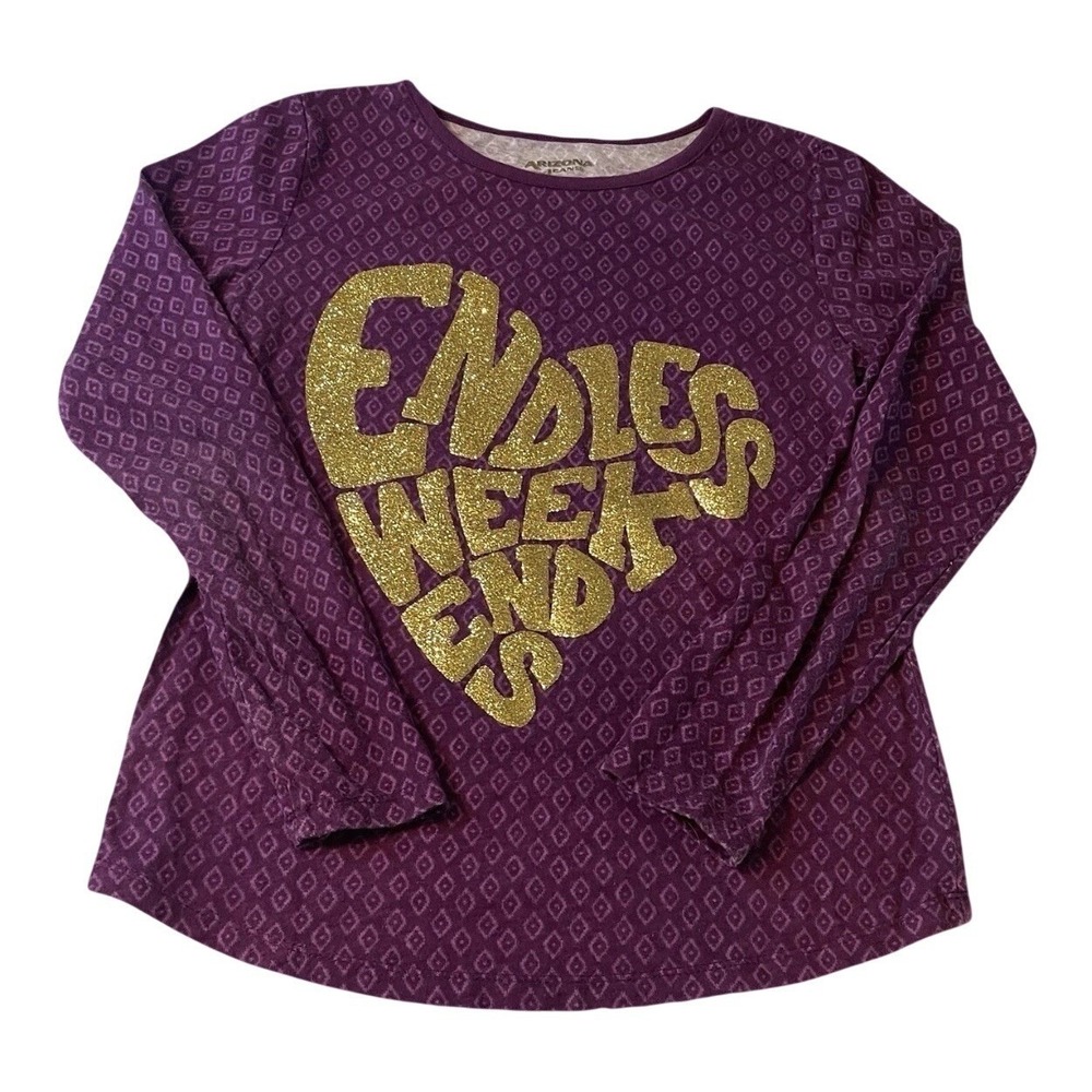 Arizona Jean Co Graphic Tee Girls Large 14 Purple Gold Glitter Heart Long Sleeve